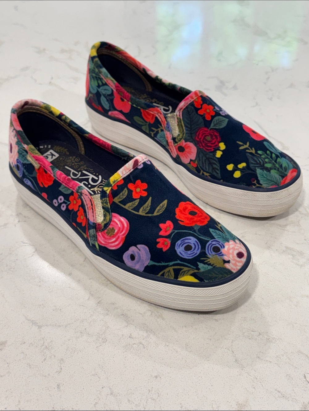 Rifle Paper Co. & Keds Velvet Colorful Floral Print Slip-on Sneakers Size 6.5